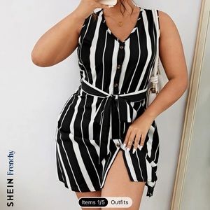 Shein Frenchy Plus Striped Button Front Belted Dress